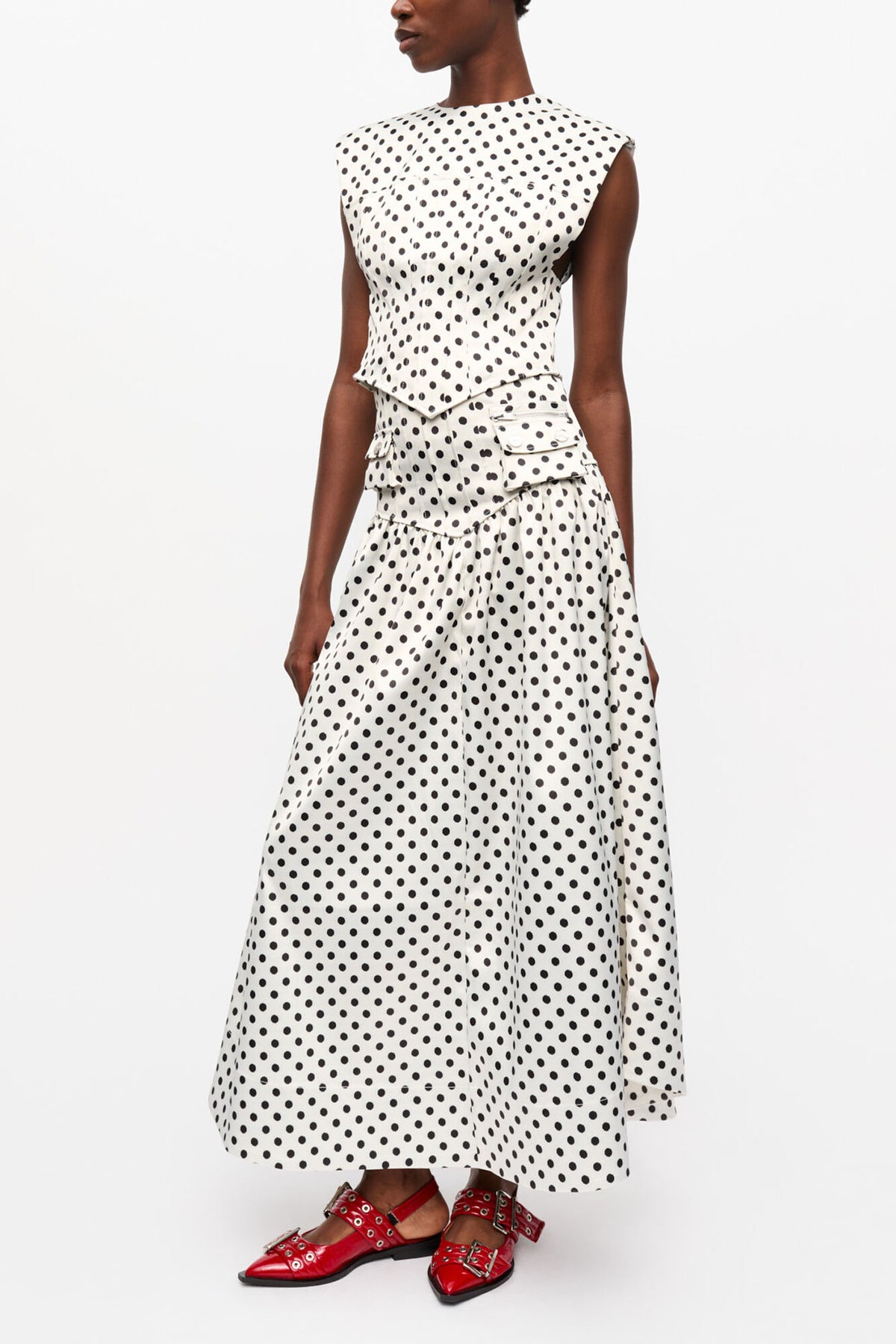 Polka-dot Double Satin Long Pocket Skirt
