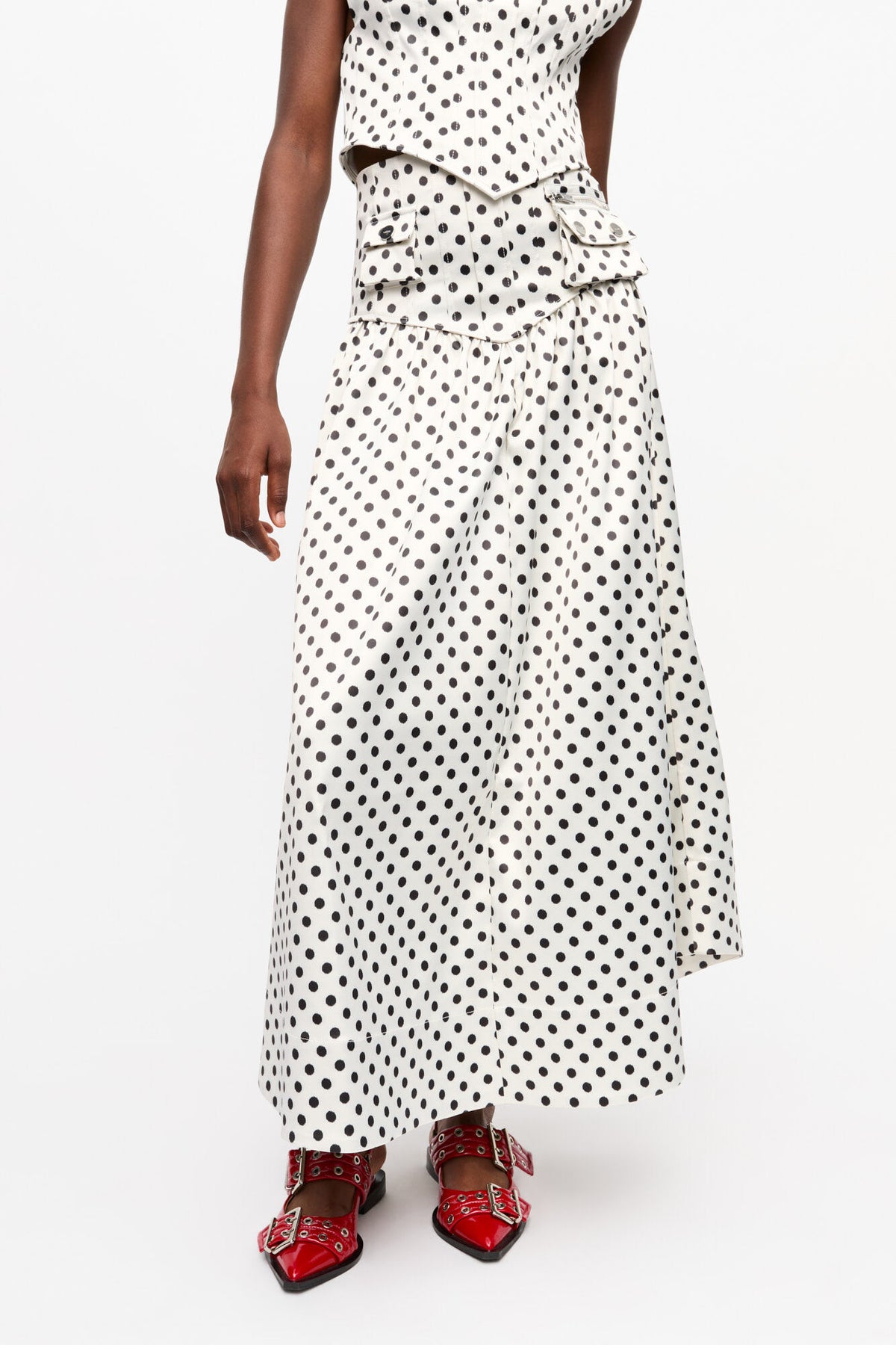 Polka-dot Double Satin Long Pocket Skirt