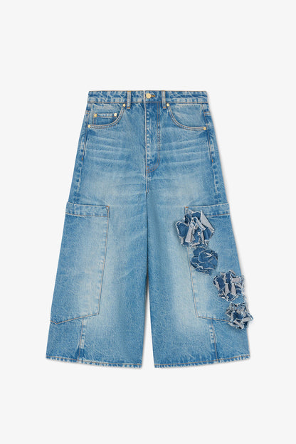 Baggy Cropped Jeans in Flower Print Denim