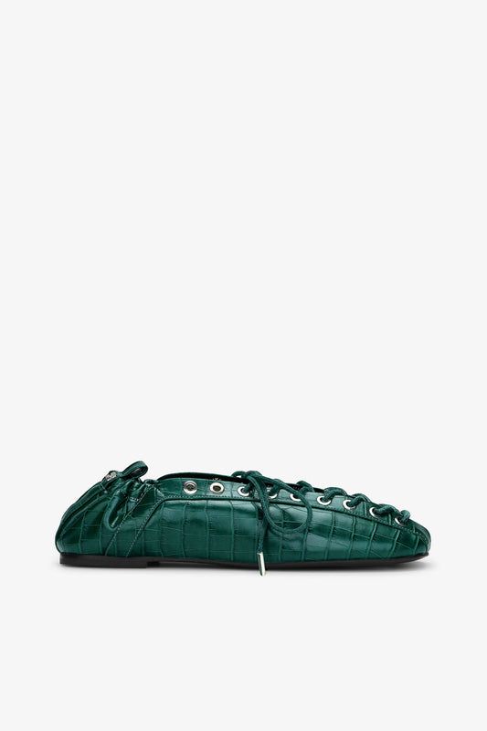 Lace-Up Ballerinas in Green Croco