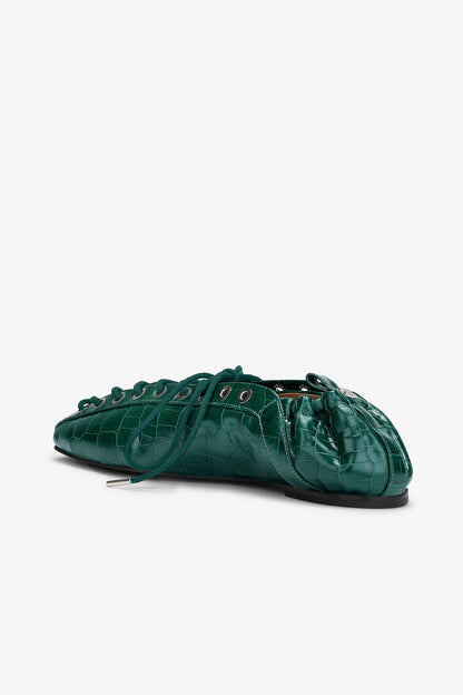 Lace-Up Ballerinas in Green Croco