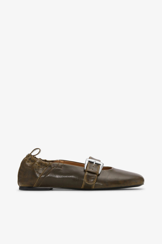 Buckle Strap Ballerinas in Dark-Olive