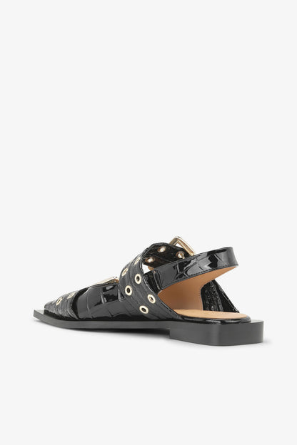 Feminine Buckle Ballerinas in Black Croco Patent