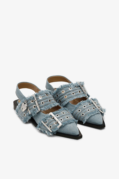 Feminine Buckle Ballerinas in Denim with Charms