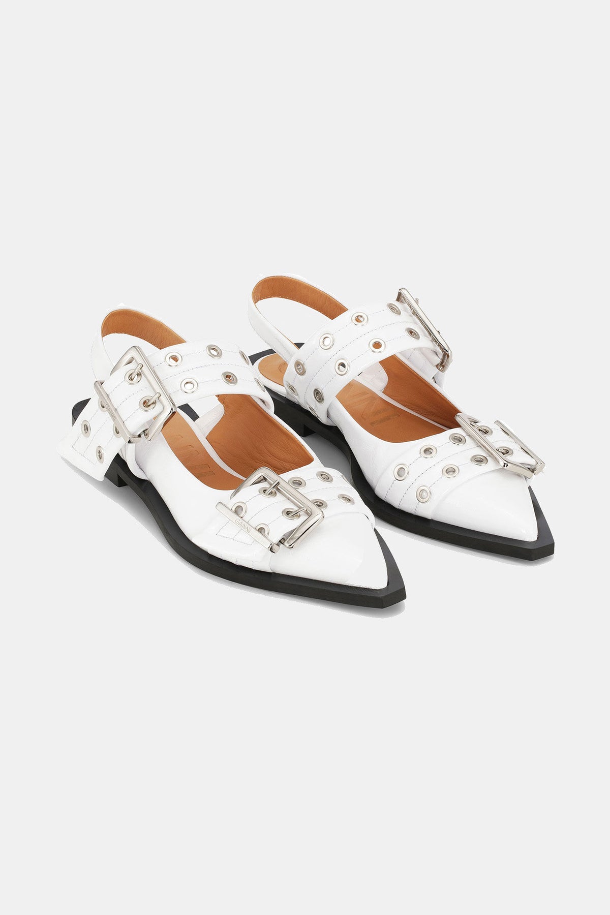 White Wide Welt Buckle Ballerinas