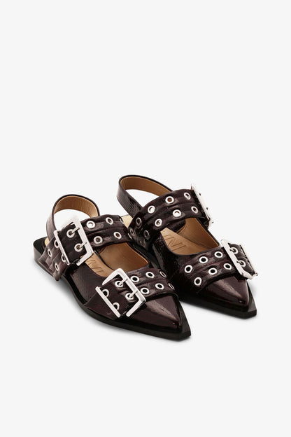 Feminine Buckle Ballerinas in Snake Burgundy