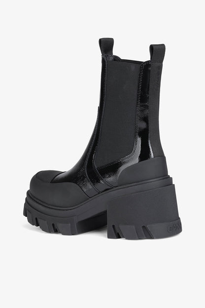Cleated Heeled Mid Chelsea Boots in Black Naplack