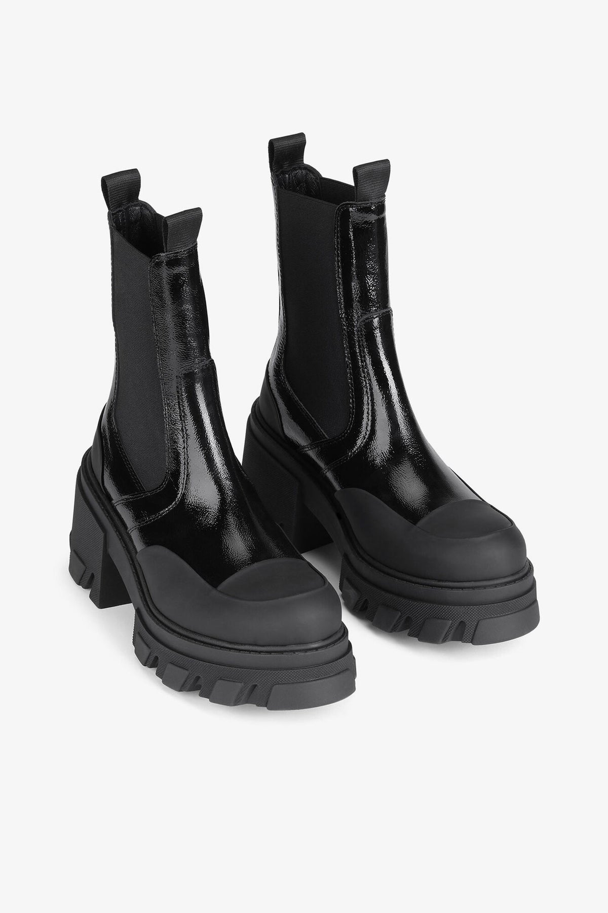 Cleated Heeled Mid Chelsea Boots in Black Naplack