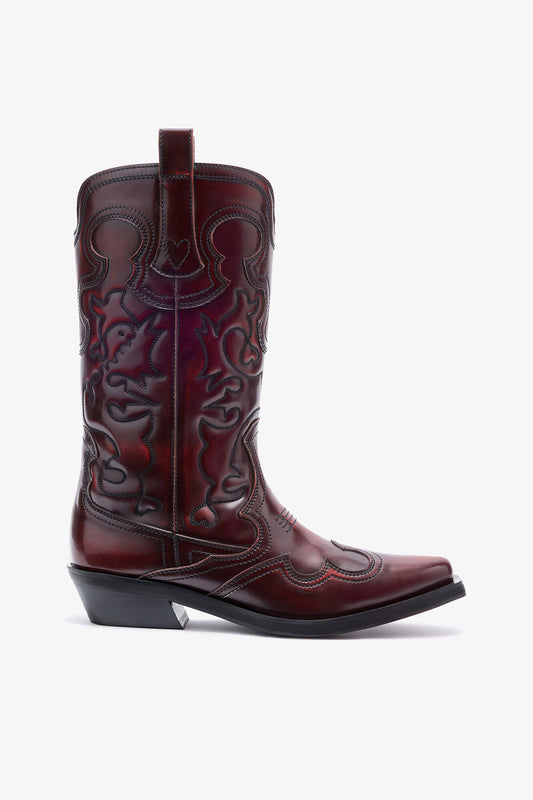 Mid Shaft Embroidered Western Boots in Burgundy