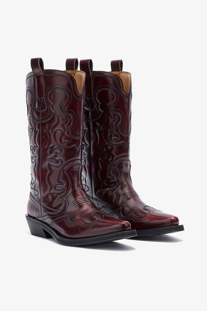 Mid Shaft Embroidered Western Boots in Burgundy