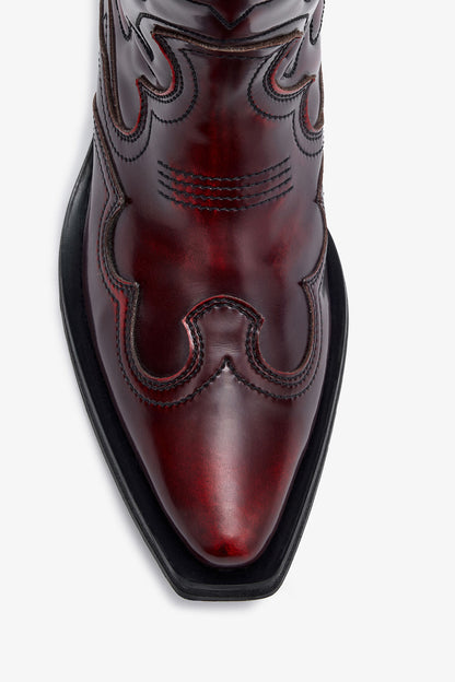 Mid Shaft Embroidered Western Boots in Burgundy