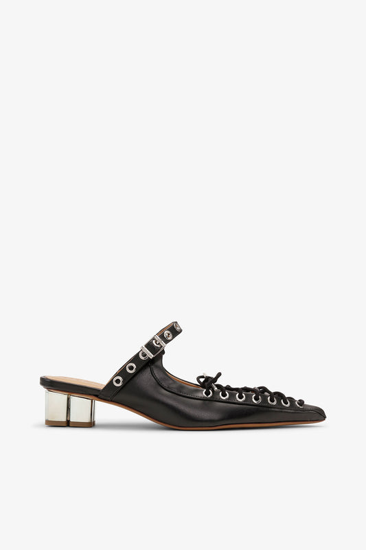 Lace-Up Mules in Black Oleatex