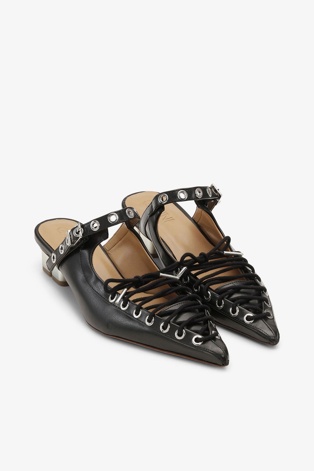 Lace-Up Mules in Black Oleatex