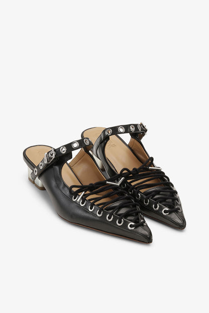 Lace-Up Mules in Black Oleatex