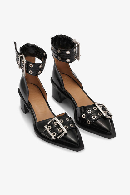 Black Chunky Buckle Open Cut Pumps