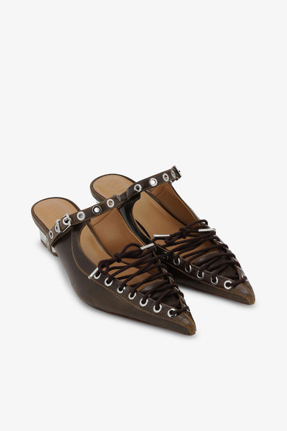 Lace-Up Mules in Dark-Olive Oleatex