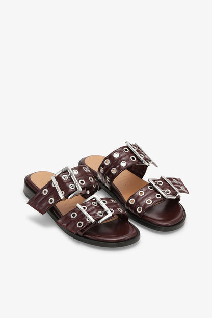 Feminine Buckle Two-Strap Sandals in Burgundy
