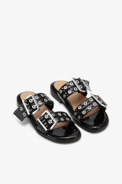 Feminine Buckle Two-Strap Sandals in Black