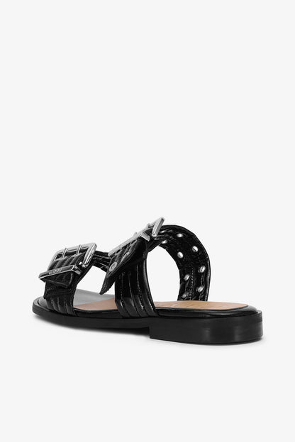 Feminine Buckle Two-Strap Sandals in Black