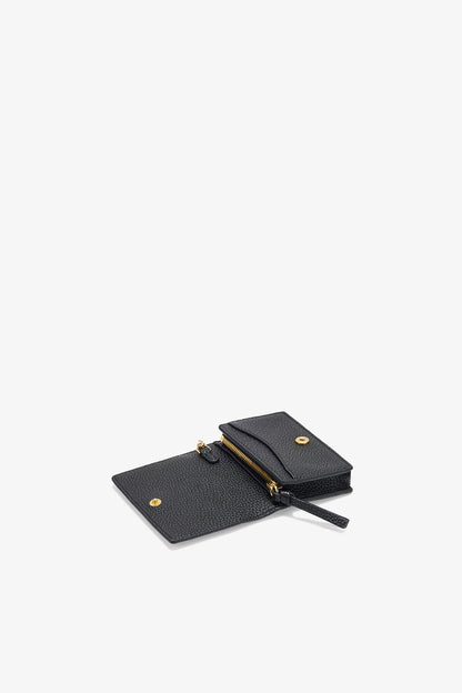 Black Card Holder With Flap in Grained Black with Gold