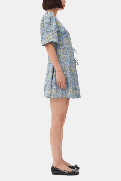 Blue Floral Printed Crinkled Satin Mini Wrap Dress
