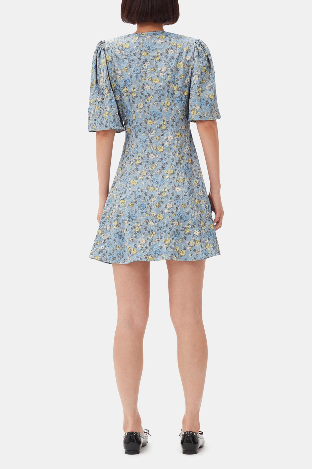 Blue Floral Printed Crinkled Satin Mini Wrap Dress