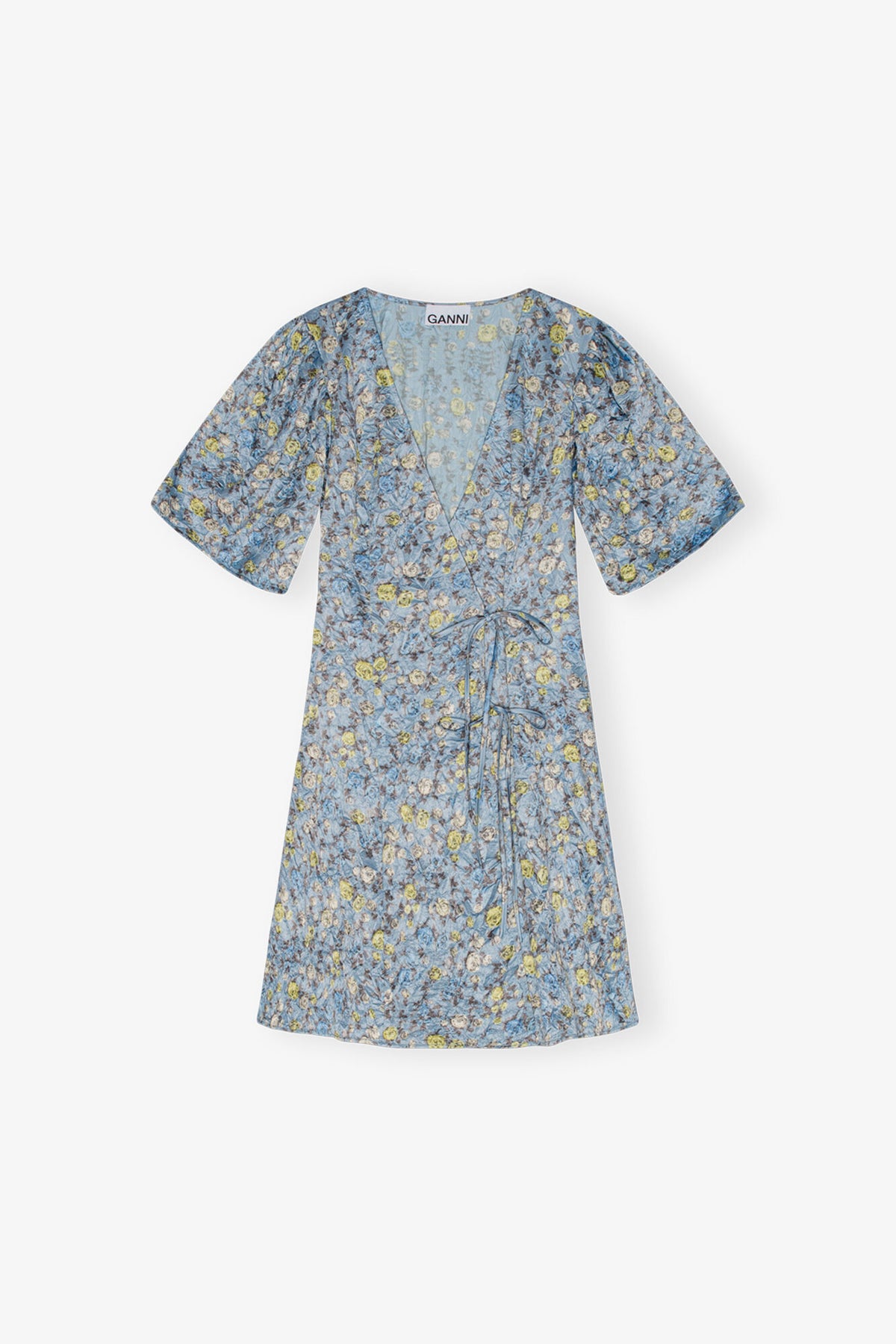 Blue Floral Printed Crinkled Satin Mini Wrap Dress