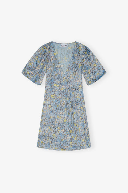Blue Floral Printed Crinkled Satin Mini Wrap Dress