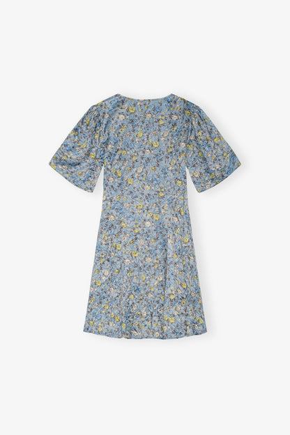 Blue Floral Printed Crinkled Satin Mini Wrap Dress